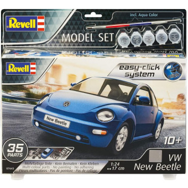 KIT PARA MONTAR REVELL MODEL SET EASY-CLICK VW NEW BEETLE NOVO FUSCA 1/24 35 PEÇAS COMPLETO COM TINTAS E PINCEL REV 67643